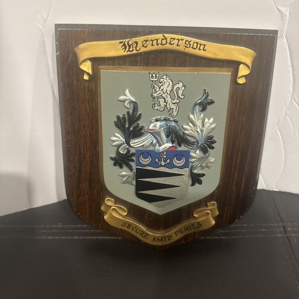 Vintage Henderson Family Crest Coat Of Arms Plaque Black Knight Art England